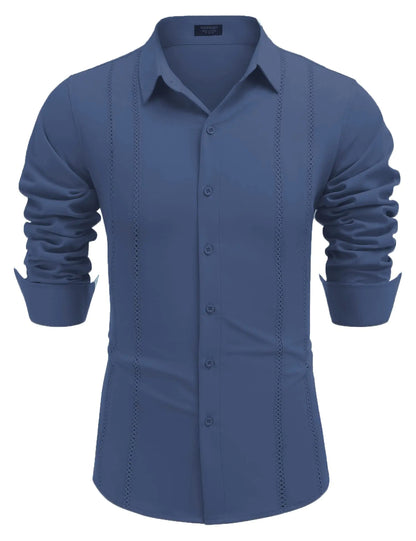 Camisa guayabera cubana para hombre, camisas casuales con botones, camisas de playa de verano de manga larga, talla 4XL, azul oscuro