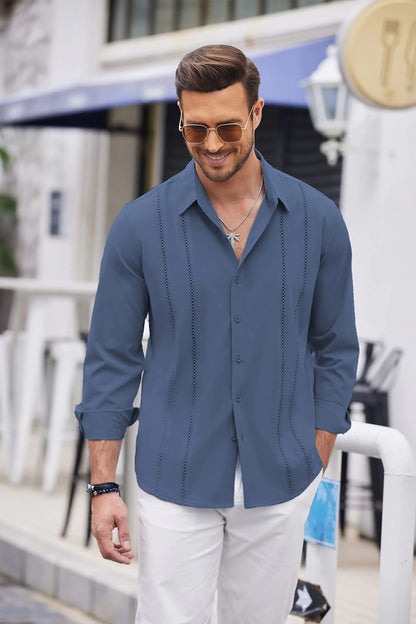 Kubanisches Guayabera-Hemd für Herren, lässiges Button-Down-Hemd, langärmelig, für den Sommer oder den Strand, Größe 4X-Large, Dunkelblau