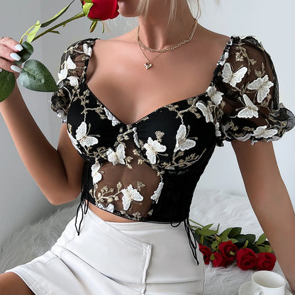 Floral Butterfly Embroidered Mesh Bustier Top