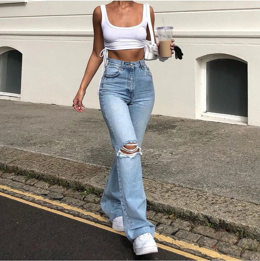 New High Waist Ripped Boot Cut Jeans