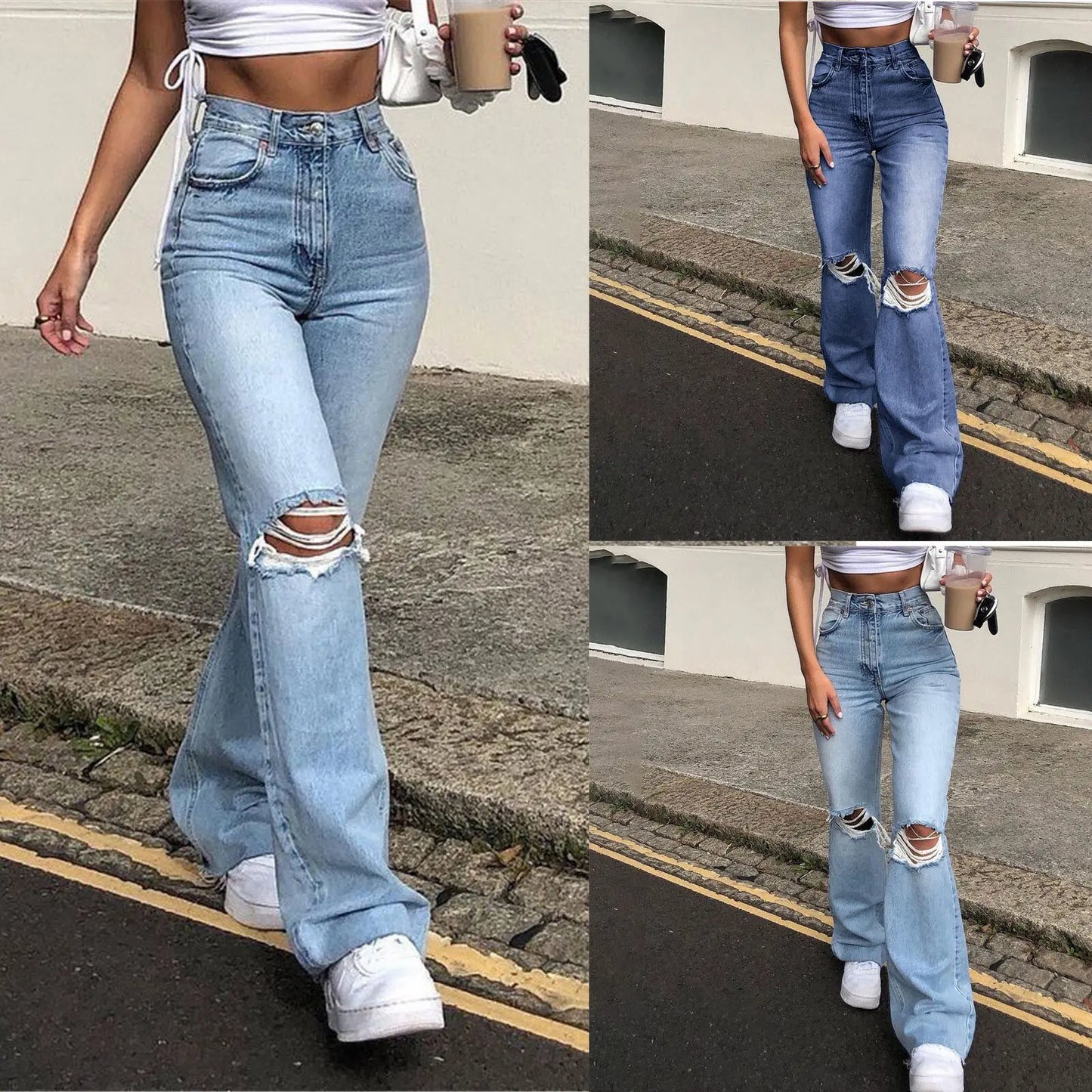 New High Waist Ripped Boot Cut Jeans