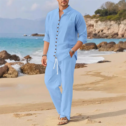 Camisa de moda de estilo cubano de primavera y otoño 2025 para hombre, tendencia informal, con múltiples botones, cuello alto, pantalones sueltos de manga larga, traje de playa