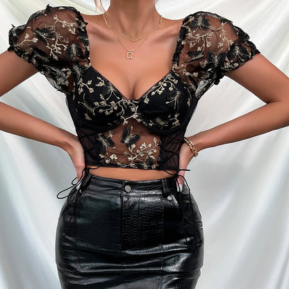 Floral Butterfly Embroidered Mesh Bustier Top