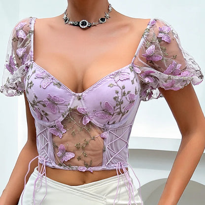 Floral Butterfly Embroidered Mesh Bustier Top