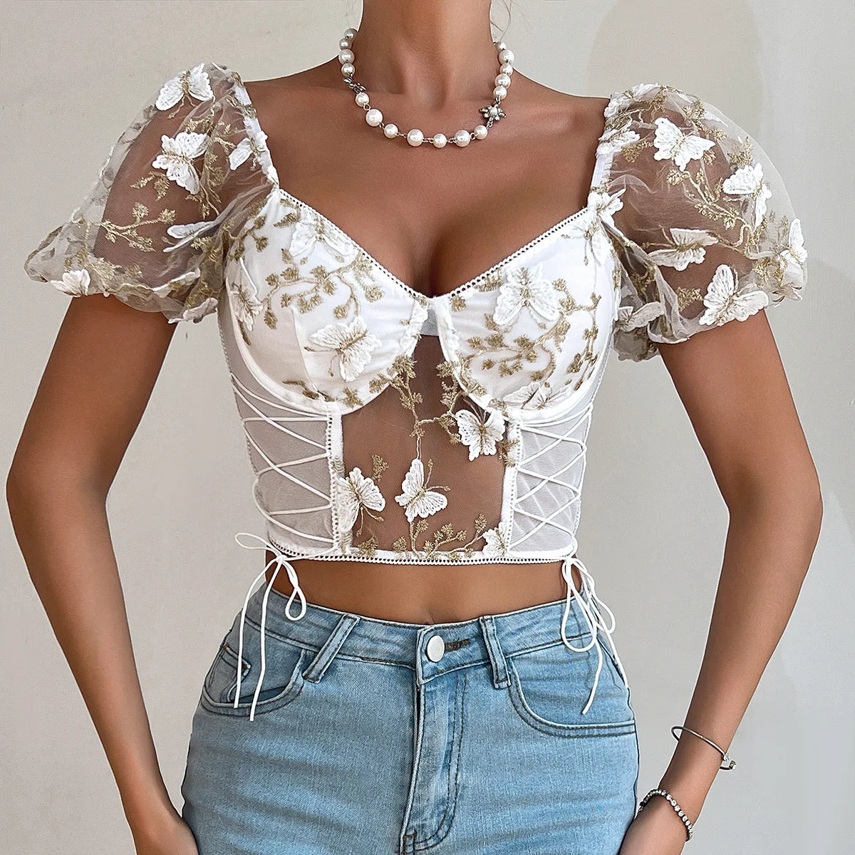 Floral Butterfly Embroidered Mesh Bustier Top