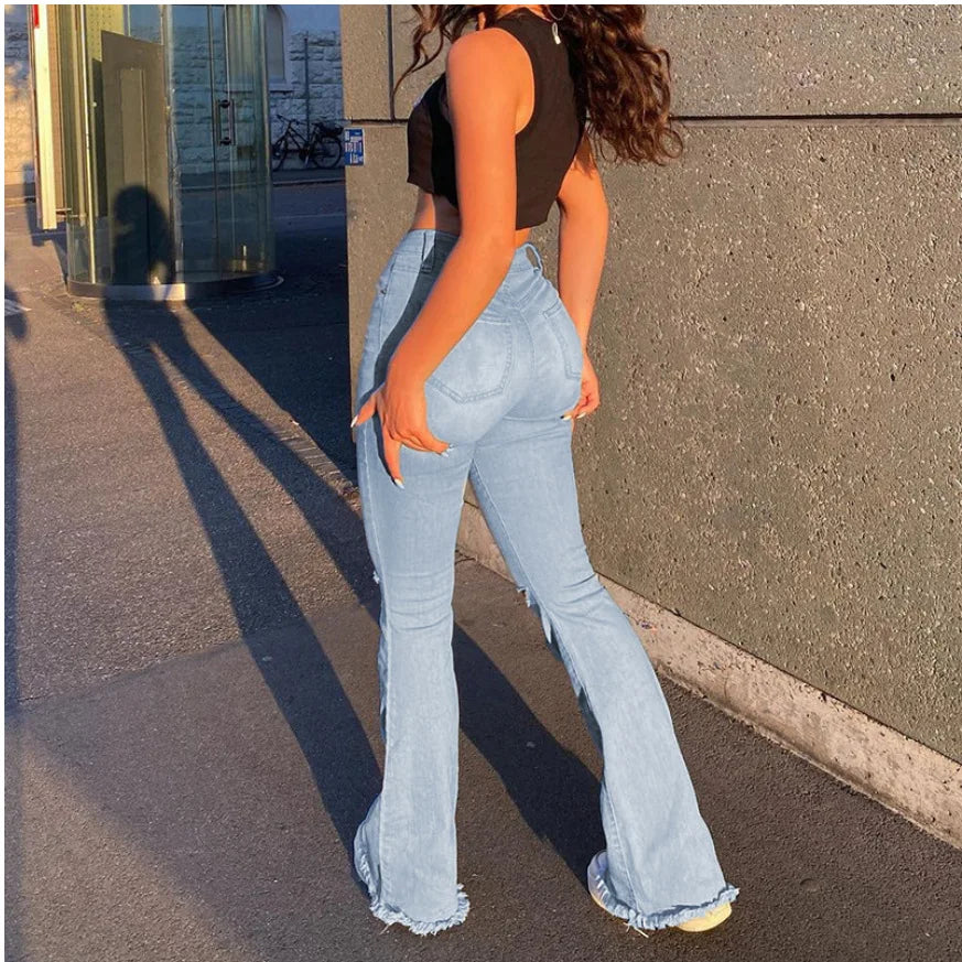 New High Waist Ripped Boot Cut Jeans