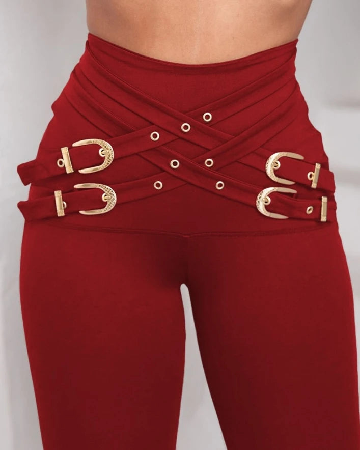 Women's Casual Buckled Decor High Waist Skinny Pants