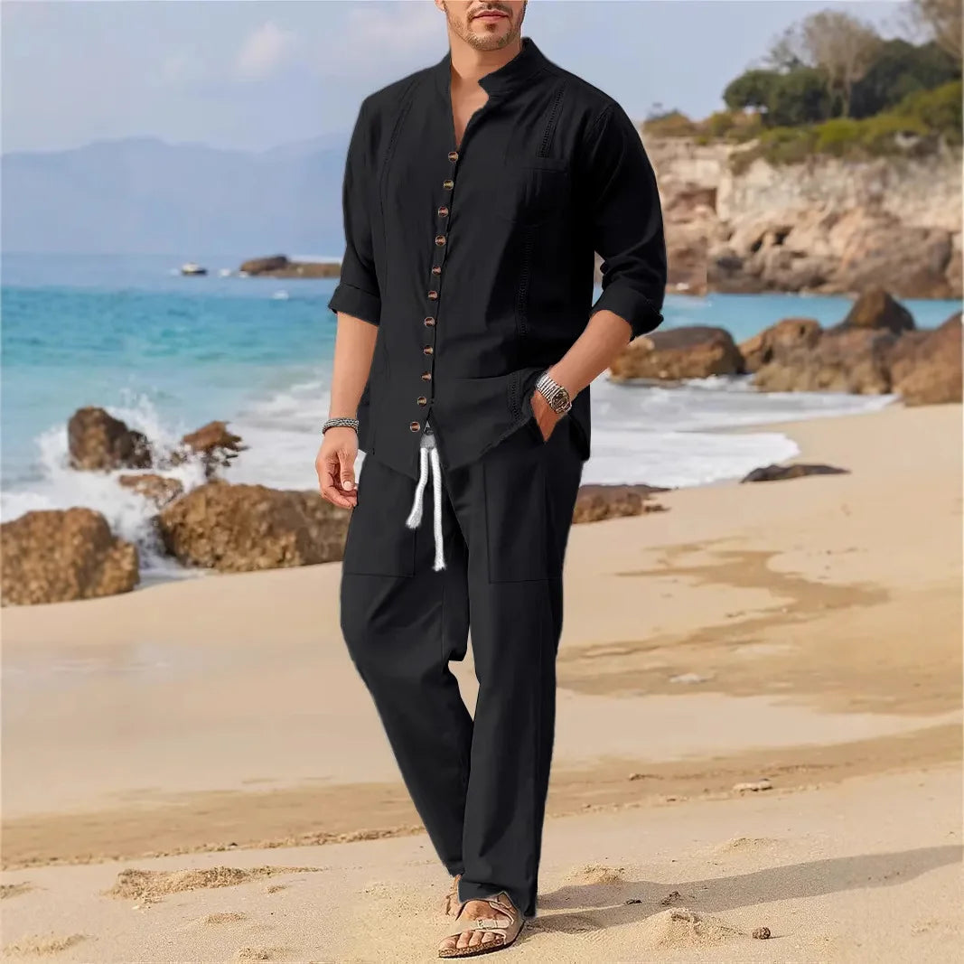 Camisa de moda de estilo cubano de primavera y otoño 2025 para hombre, tendencia informal, con múltiples botones, cuello alto, pantalones sueltos de manga larga, traje de playa