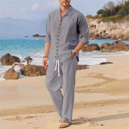 Camisa de moda de estilo cubano de primavera y otoño 2025 para hombre, tendencia informal, con múltiples botones, cuello alto, pantalones sueltos de manga larga, traje de playa