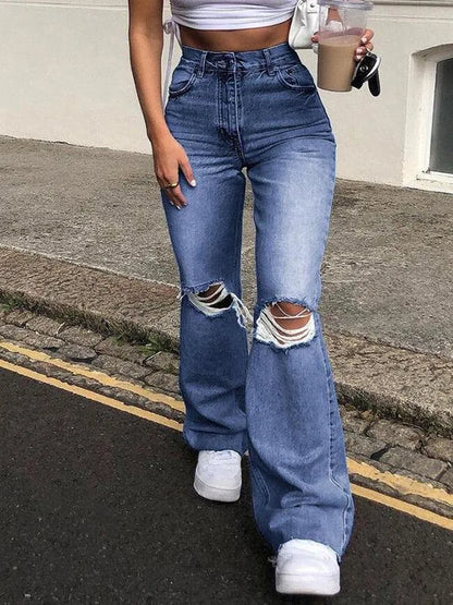 New High Waist Ripped Boot Cut Jeans