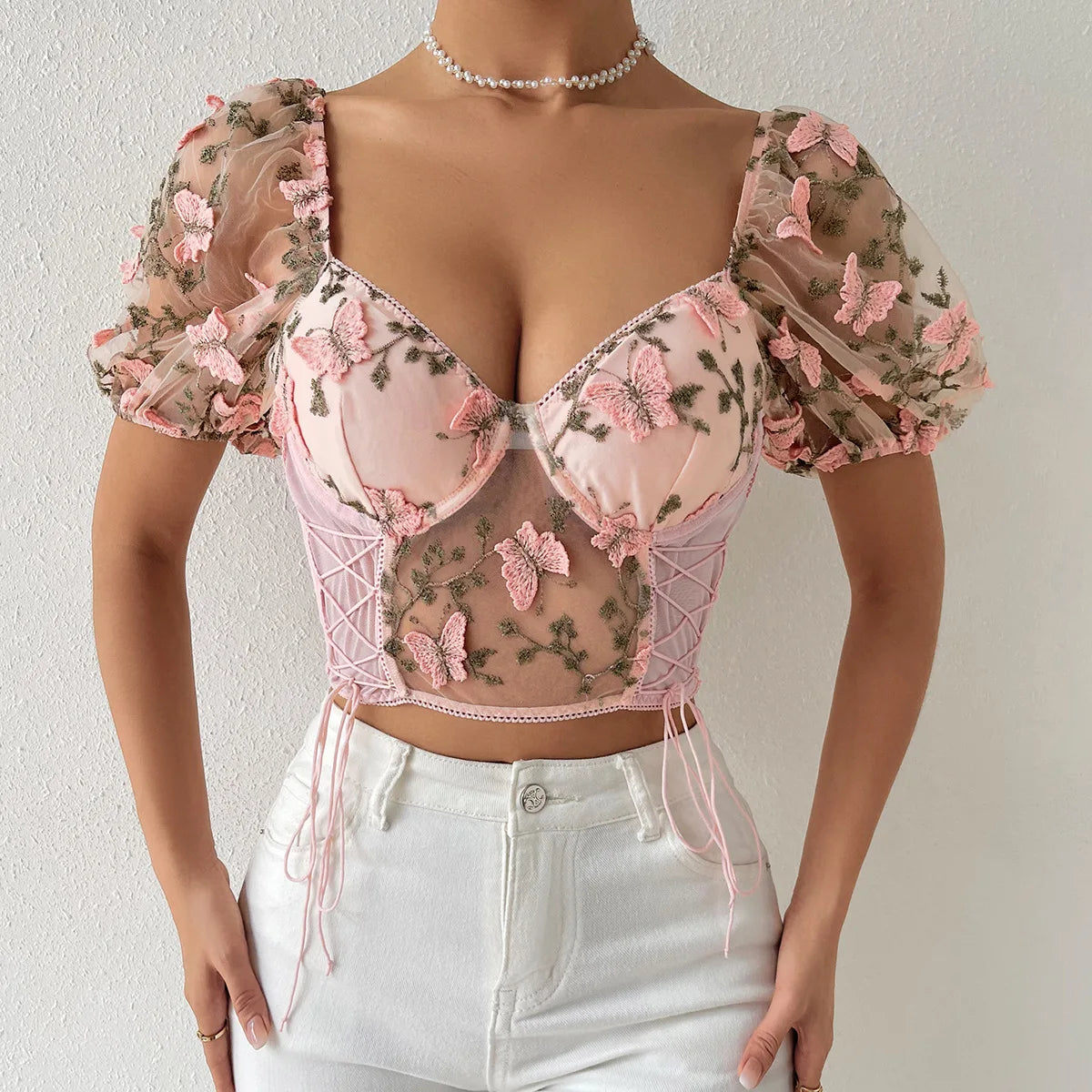 Floral Butterfly Embroidered Mesh Bustier Top