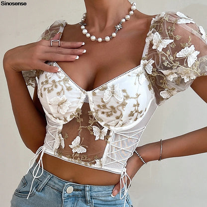 Floral Butterfly Embroidered Mesh Bustier Top