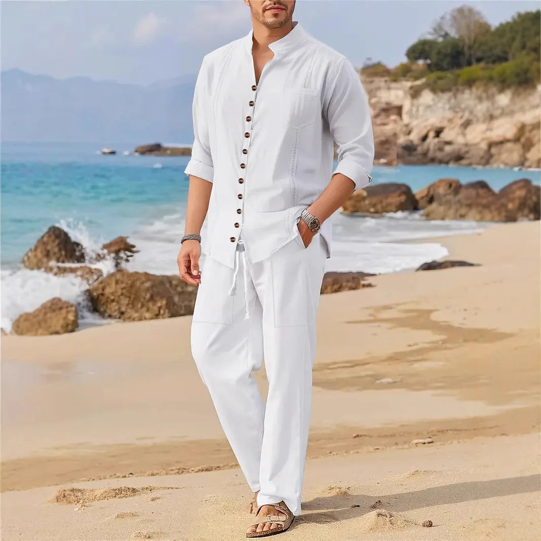 Camisa de moda de estilo cubano de primavera y otoño 2025 para hombre, tendencia informal, con múltiples botones, cuello alto, pantalones sueltos de manga larga, traje de playa