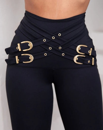 Women's Casual Buckled Decor High Waist Skinny Pants