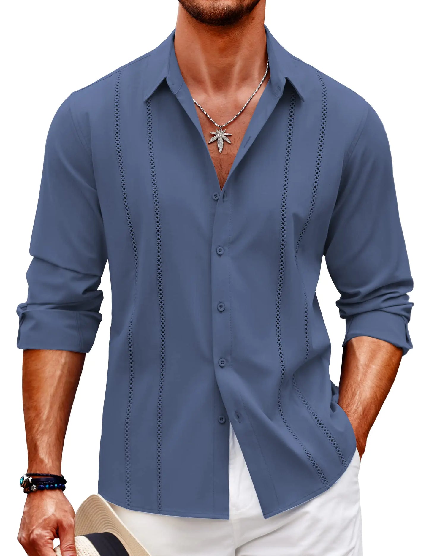 Camisa guayabera cubana para hombre, camisas casuales con botones, camisas de playa de verano de manga larga, talla 4XL, azul oscuro