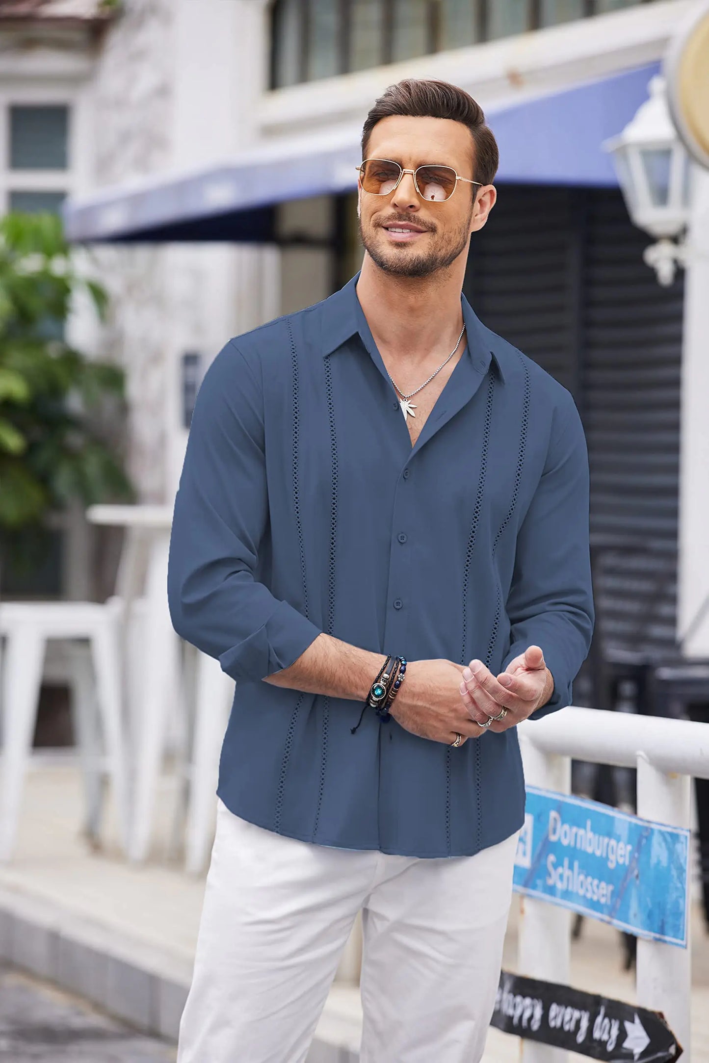 Camisa guayabera cubana para hombre, camisas casuales con botones, camisas de playa de verano de manga larga, talla 4XL, azul oscuro